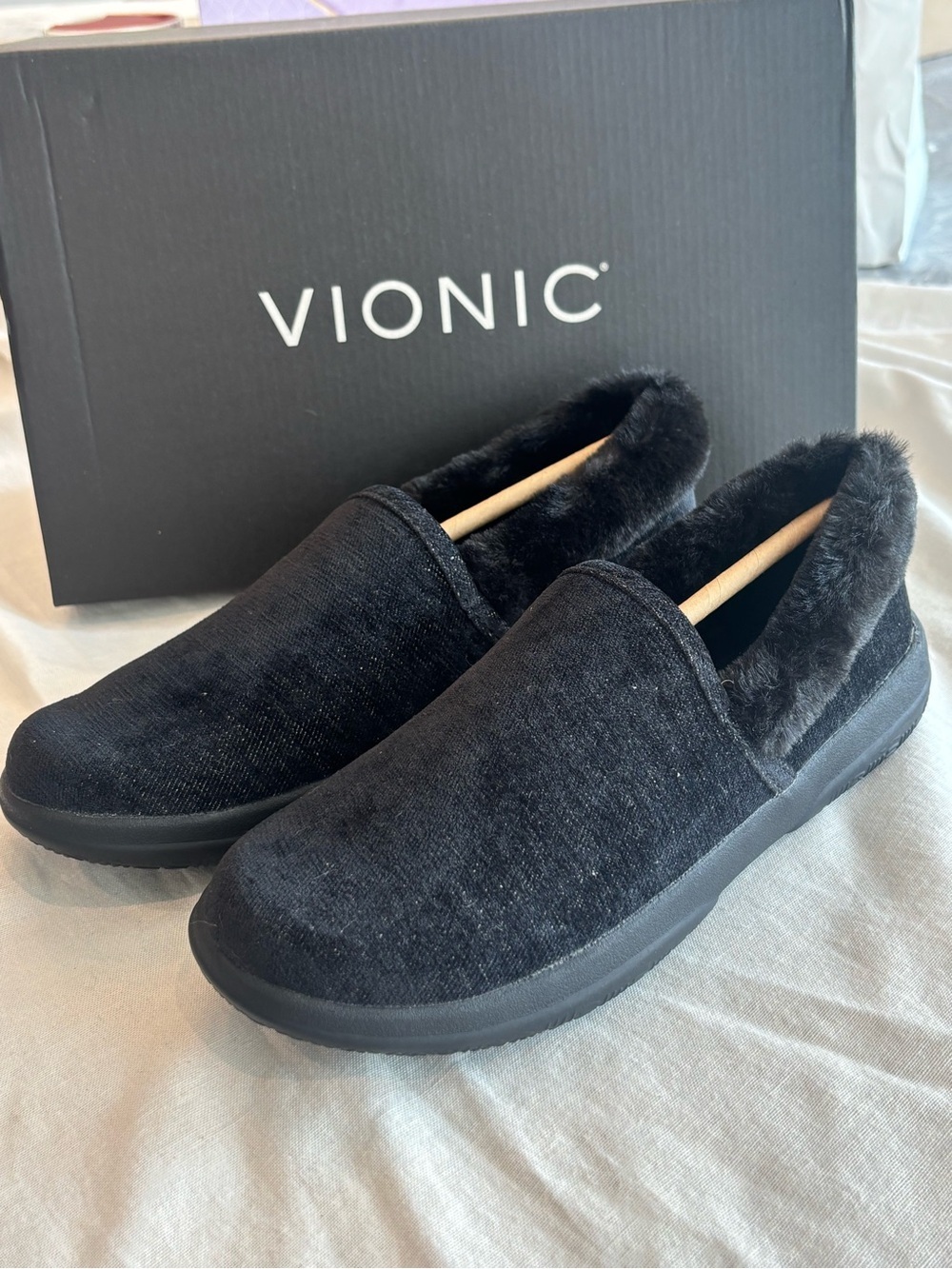 Vionic Black Plush Slip-On Comfort Mules